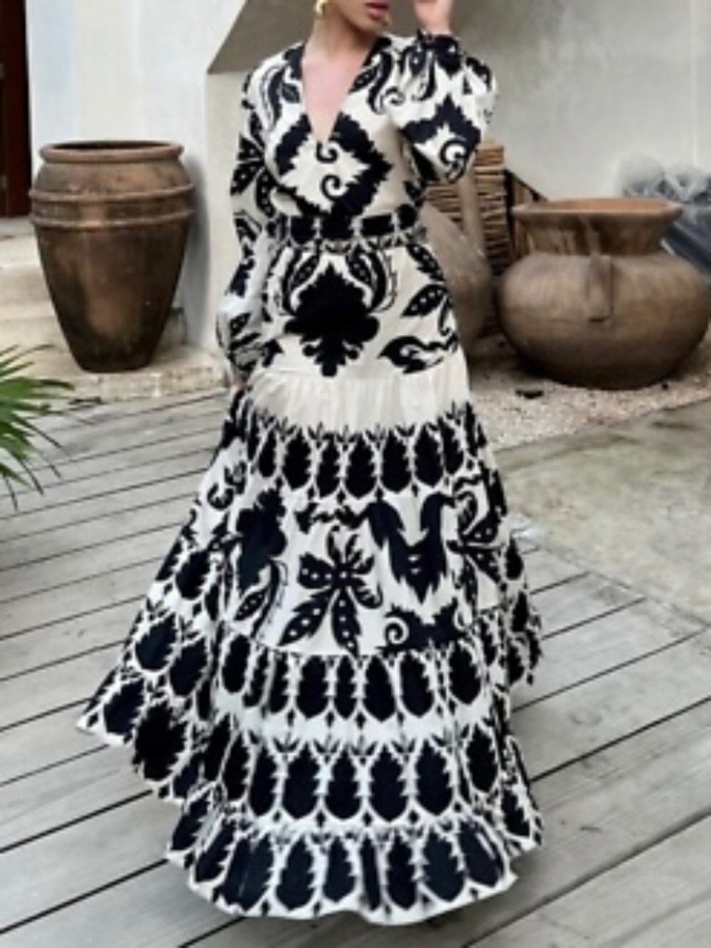 ZARA ZARA BLACK ECRU WHITE PRINTED MIDI MAXI KAFTAN DRESS